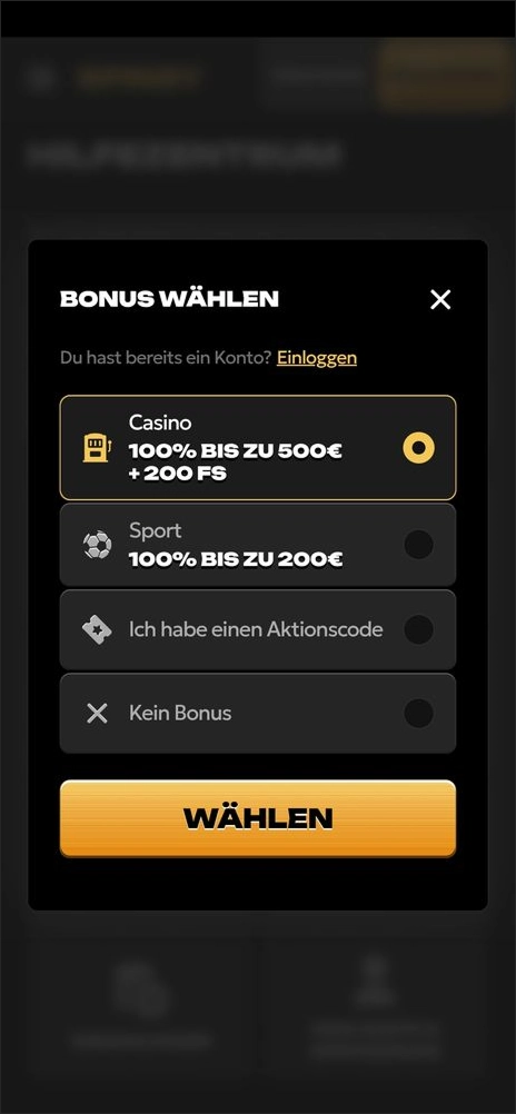 Spinsy Casino Registrierung Schritt 1