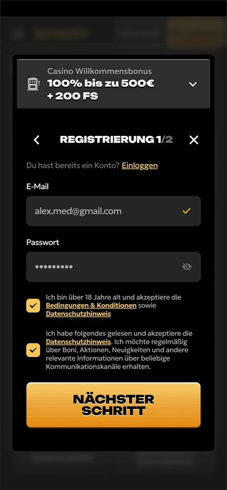 Spinsy Casino Anmeldung Schritt 2