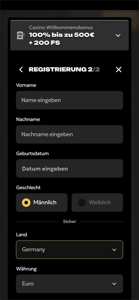 Spinsy Casino Registrierung Schritt 3