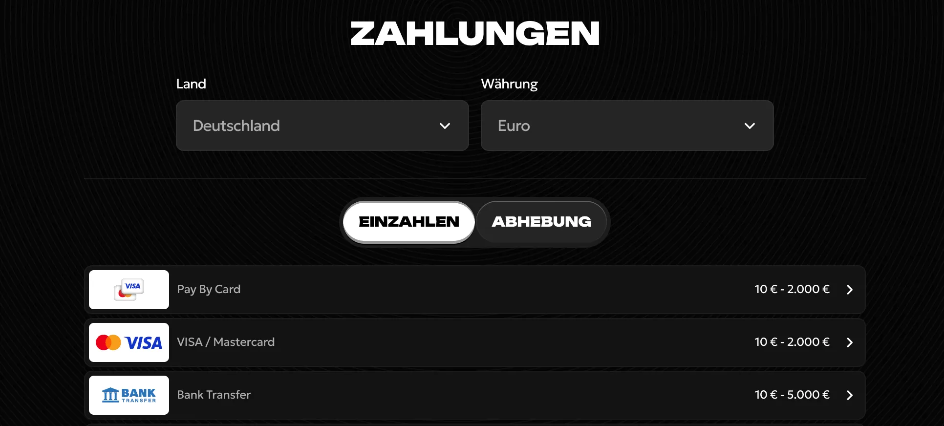 Spinsy Casino sichere Zahlungsmethoden, Ein- und Auszahlung