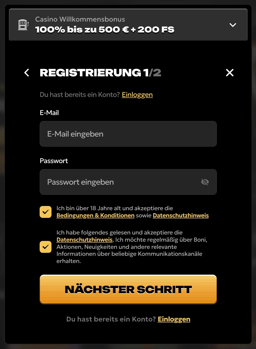 Spinsy Casino Registrierung und neues Spielerkonto anmelden